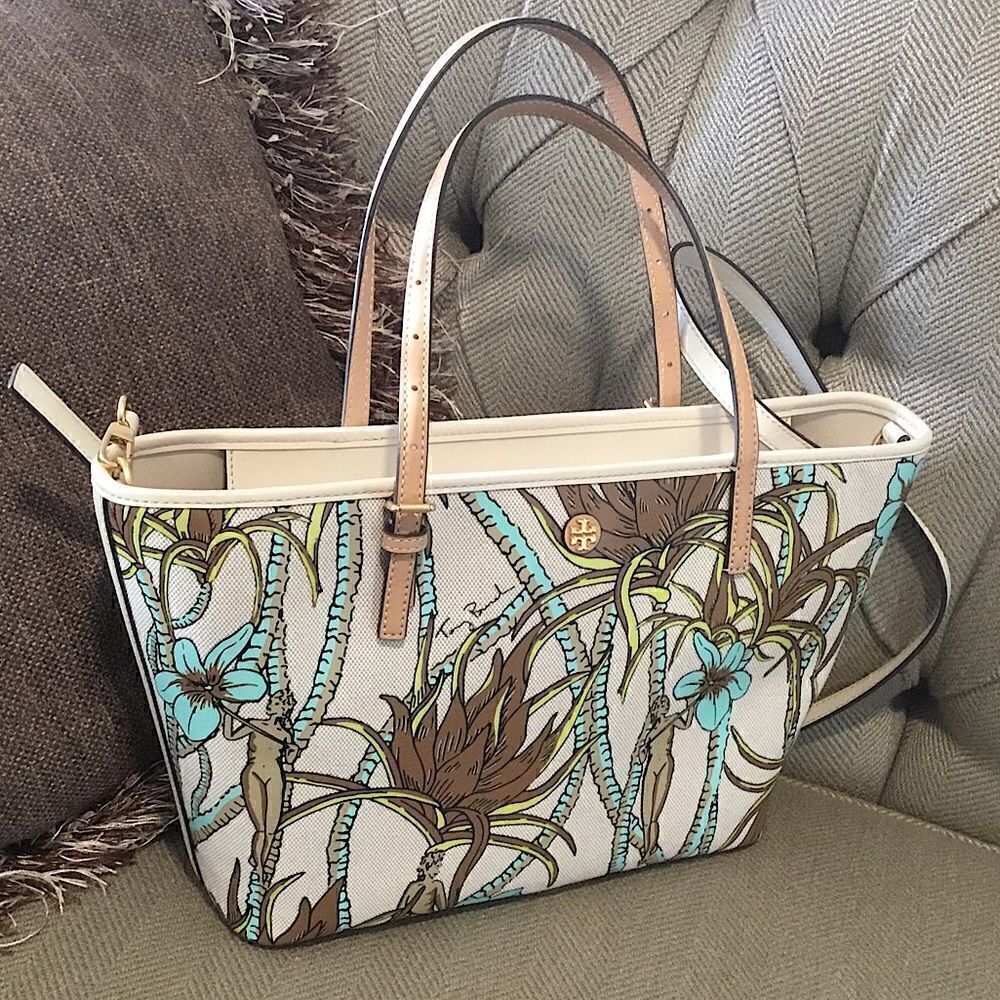 TORY BURCH NATURE PRINTED CANVAS TOTE FLOWERS PALMS BROWN TURQUOISE CREAM